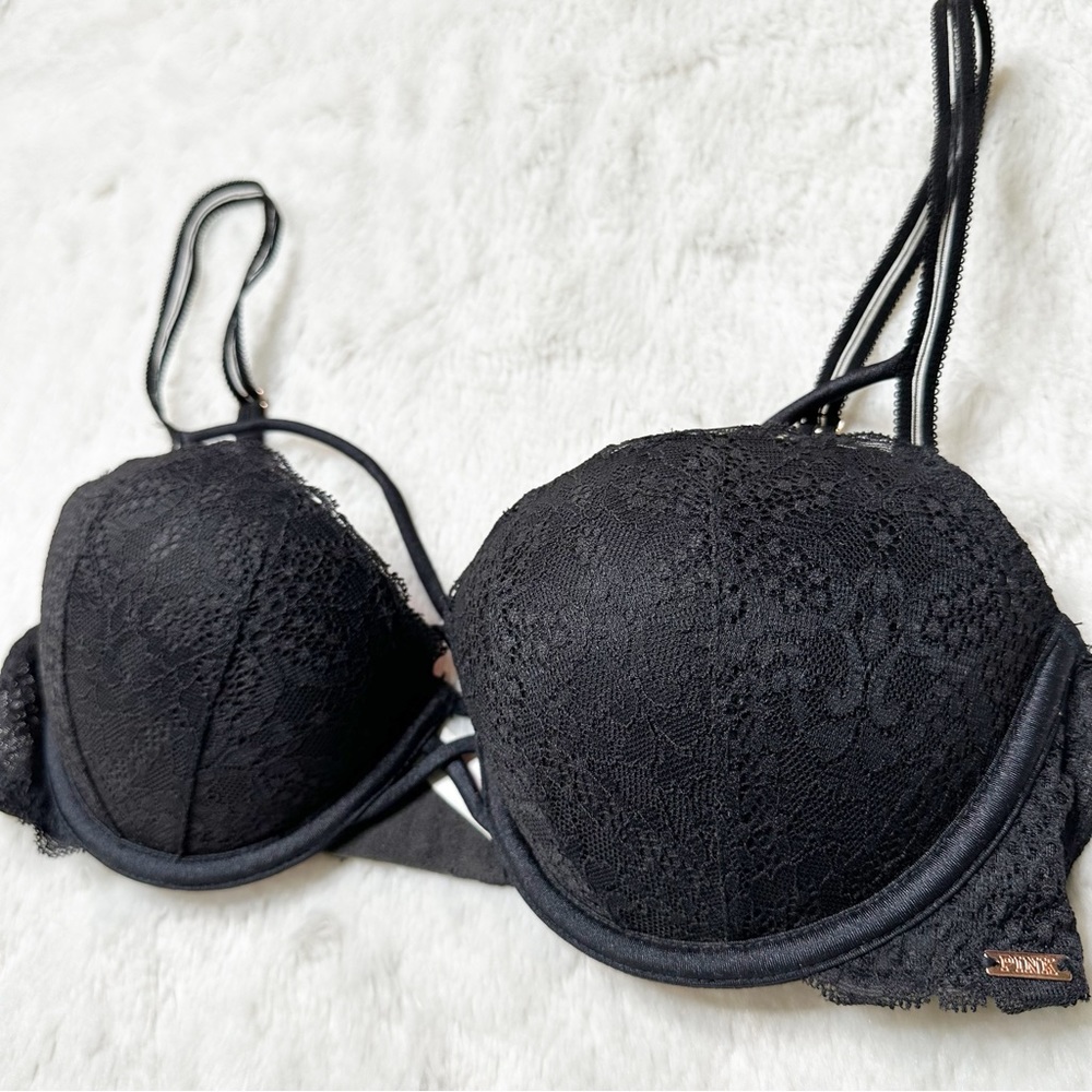 PINK VS Lace Date Night Push Up Bra in Black Lace Women’s 34C